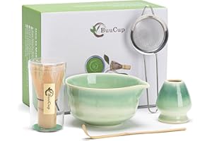 Buucup Japanese Matcha Set, Matcha Bowl with Spout, Matcha Whisk and Holder, Bamboo Matcha Scoop and Stainless Steel Sifter - 5 Pcs Gradient Green Matcha Kit for Matcha Lover