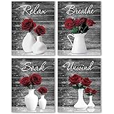 IIILUYOT Red Rose Flowers Relax Soak Unwind Breathe Bathroom Wall Decor Office Corridor Decor Poster Wall Bathroom Locker Home Decor, Spa Woman Girl Bedroom Art Painting, Set of 4 (8"x10") Unframed