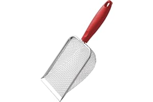 HLMOptimo Cat Litter Scoop Stainless Steel Mesh Scooper Long Handle Deep Shovel Non-Stick Coated Metal Litter Scoop for Litter Box Kitten Pooper Lifter (Red, 3.8 mm mesh)