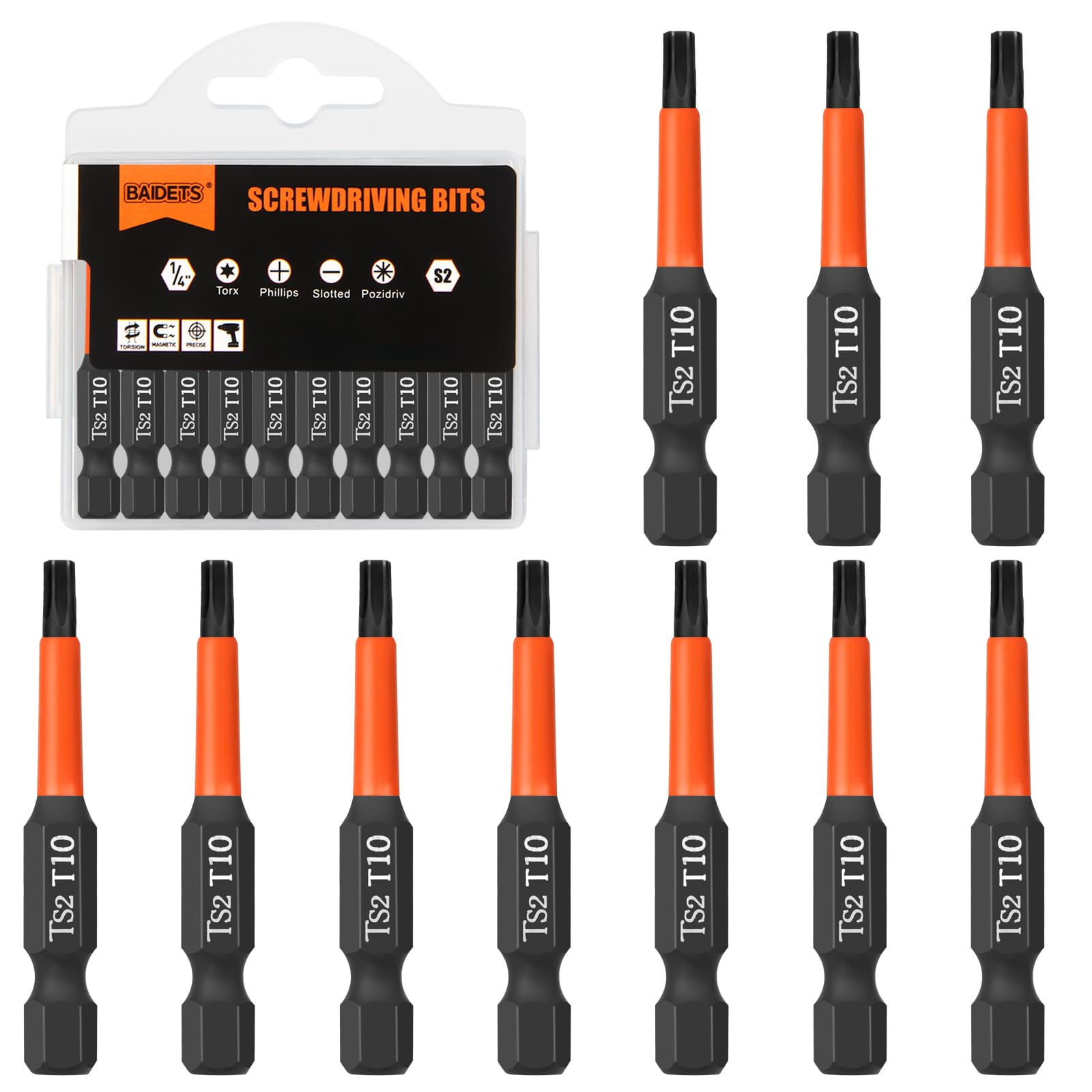 BAIDETS Pro T10 Screwdriver Bit Set - Screwdriver Torx 10 Pieces, 50 mm Length, 1/4 Inch Hex Shank Bit Assortment, with Dispenser Box