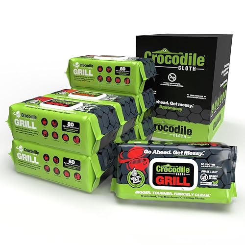 Crocodile Cloth Grill Wipes, 640 Count (8 Packs) – Extra-Large 15” x 10” Plant-Based Cleaning Cloths, Safe on Skin & Surfaces, Pre-Moistened with Aloe & Vitamin E