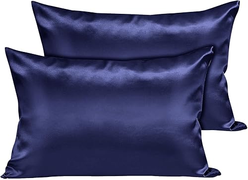 Moonlight Bedding Navy Satin Cooling Pillow Cases 2 Pack – Soft & Smooth Feels Like Silk Pillowcases for Hair and Skin Care
