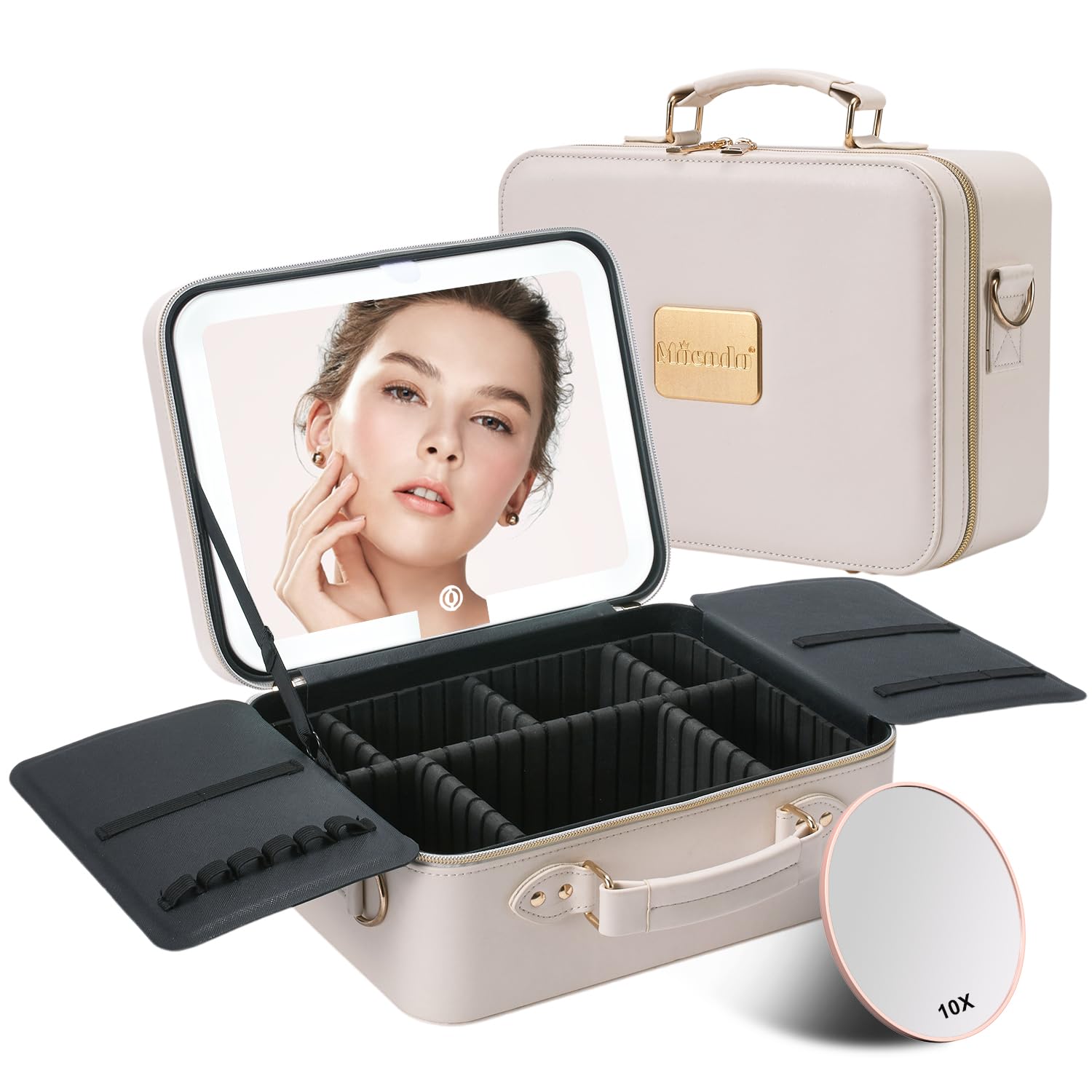 Photo 1 of Mocado Travel Makeup Bag with LED Lighted Mirror,Makeup Case with 3 Color Lighted Setting and 10x Magnifying Mirror, Portable Storage and Adjustable Dividers (White with Hard Leather)
