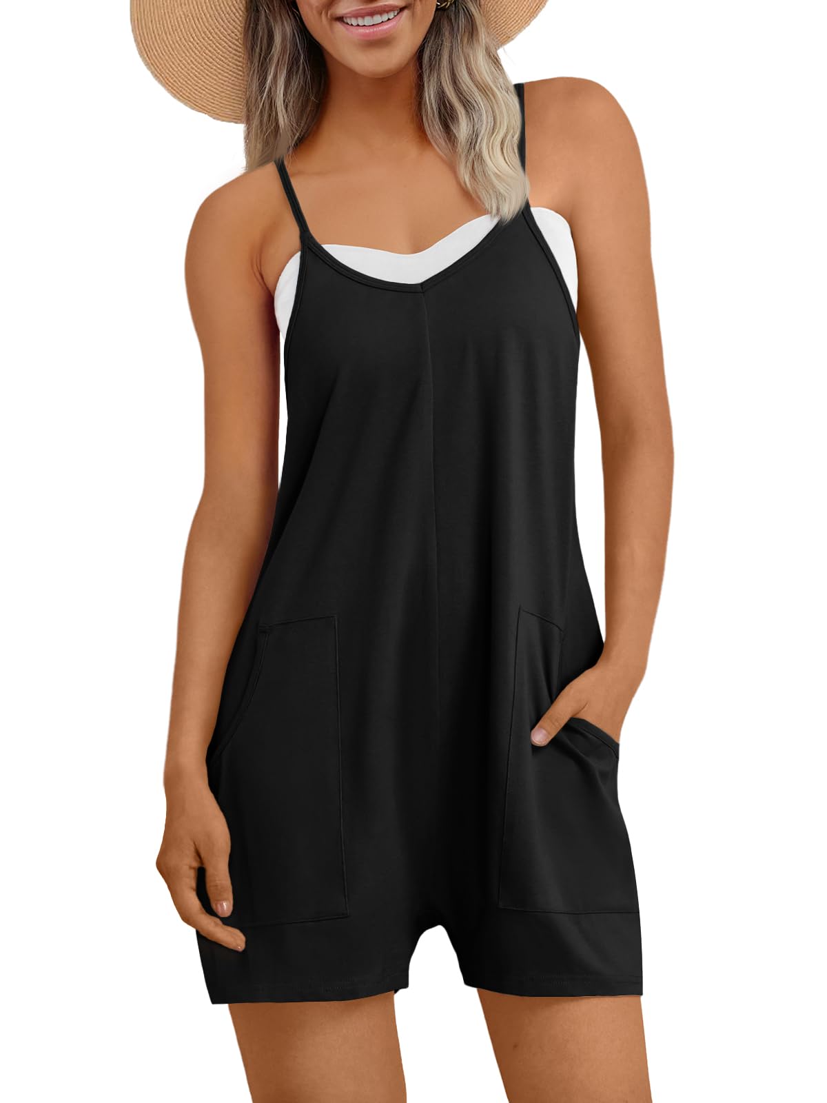 Photo 1 of AUTOMET Womens Rompers Jumpsuits Summer Vacation Beach Outfits 2025 Shorts Overalls Jumpers Loose Casual Soft Fashion Maternity Clothes Black M