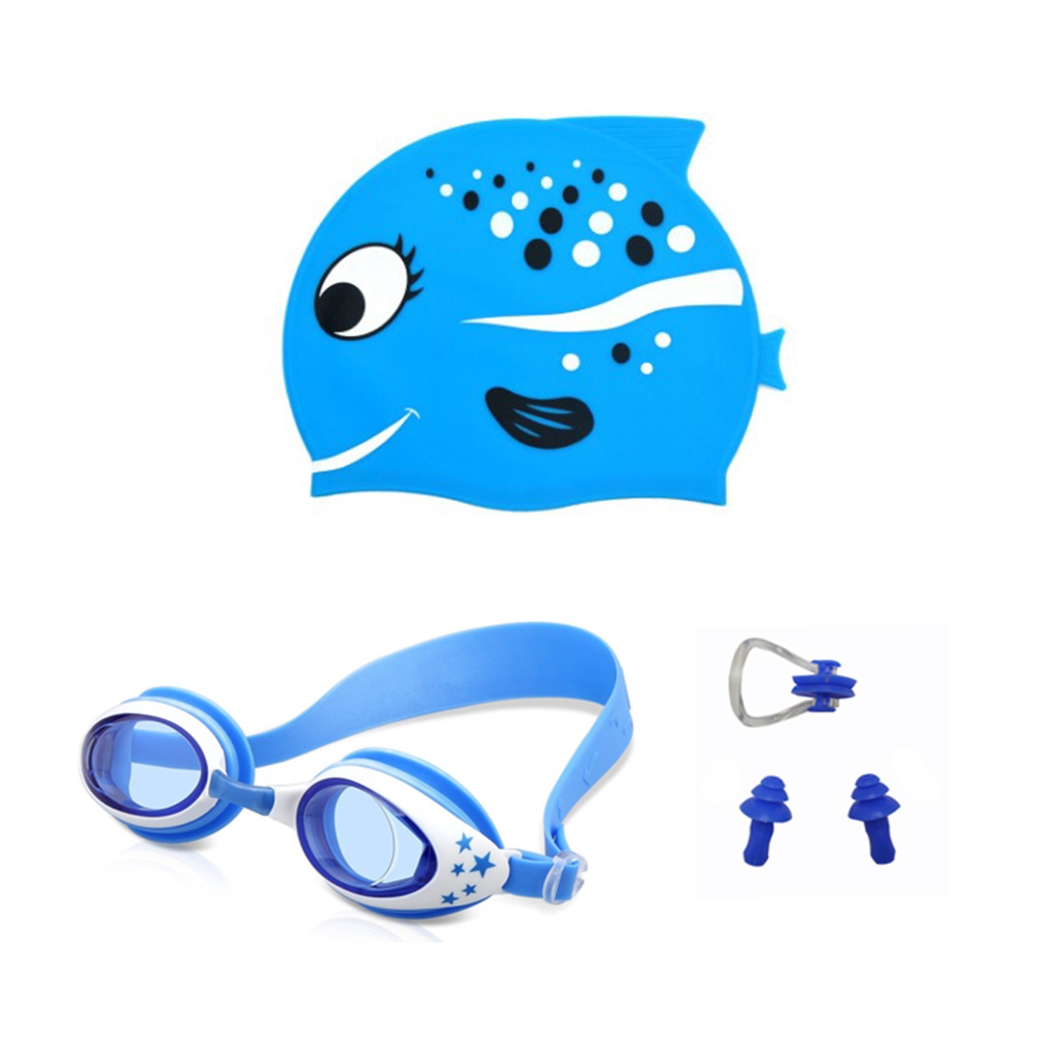 AmeiTech Kids Swim Cap,Cute Design Kids Fun Silicone Swim Caps - Swim Goggles with Nose Clip and Ear Plugs for Boys and Girls - Blue