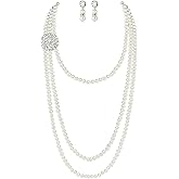 BABEYOND 1920s Gatsby Pearl Necklace Vintage Bridal Pearl Necklace Earrings Jewelry Set Multilayer Imitation Pearl Necklace with Brooch