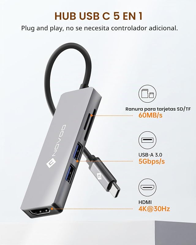 Adaptador NOVOO USB C Hub 5 em 1 Multiportas com HDMI 4K, 2 portas USB 3.0, leitor de cartões SD / TF para MacBook Pro 2019/2018, iMac 2017, Huawei MateBook, Google Chromebook Pixel e muito mais