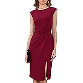 Dressystar Women's Crew Neck Belted Side Slit Business Work Office Dress 2026 Cap Sleeve Sheath Midi Church Dresses