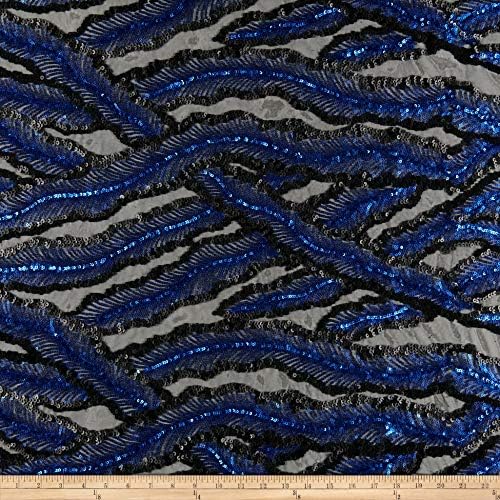 Sportek International Fancy Feather Sequin Fabric, Black/Royal, Fabric By The Yard