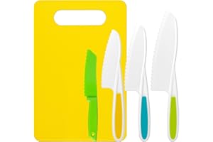 Reaeon 5 Pcs Kids Cooking Sets Real, Montessori Kitchen Tools, Kids Knife Set for Real Cooking, 4 Pcs Children's Safety Cooking Knives, 1 Pc Cutting Board, Serrated Edges Toddler Girl Boy
