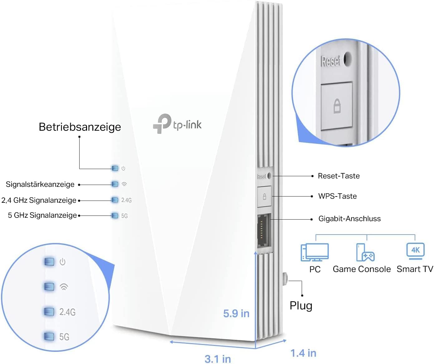 TP-Link RE700X WiFi 6 WLAN Verstärker Repeater AX3000, Dualband 2402MBit/s 5GHz + 574MBit/s 2,4GHz, MU-MIMO, Gigabit Port, Kompatibel mit Fritzbox 7