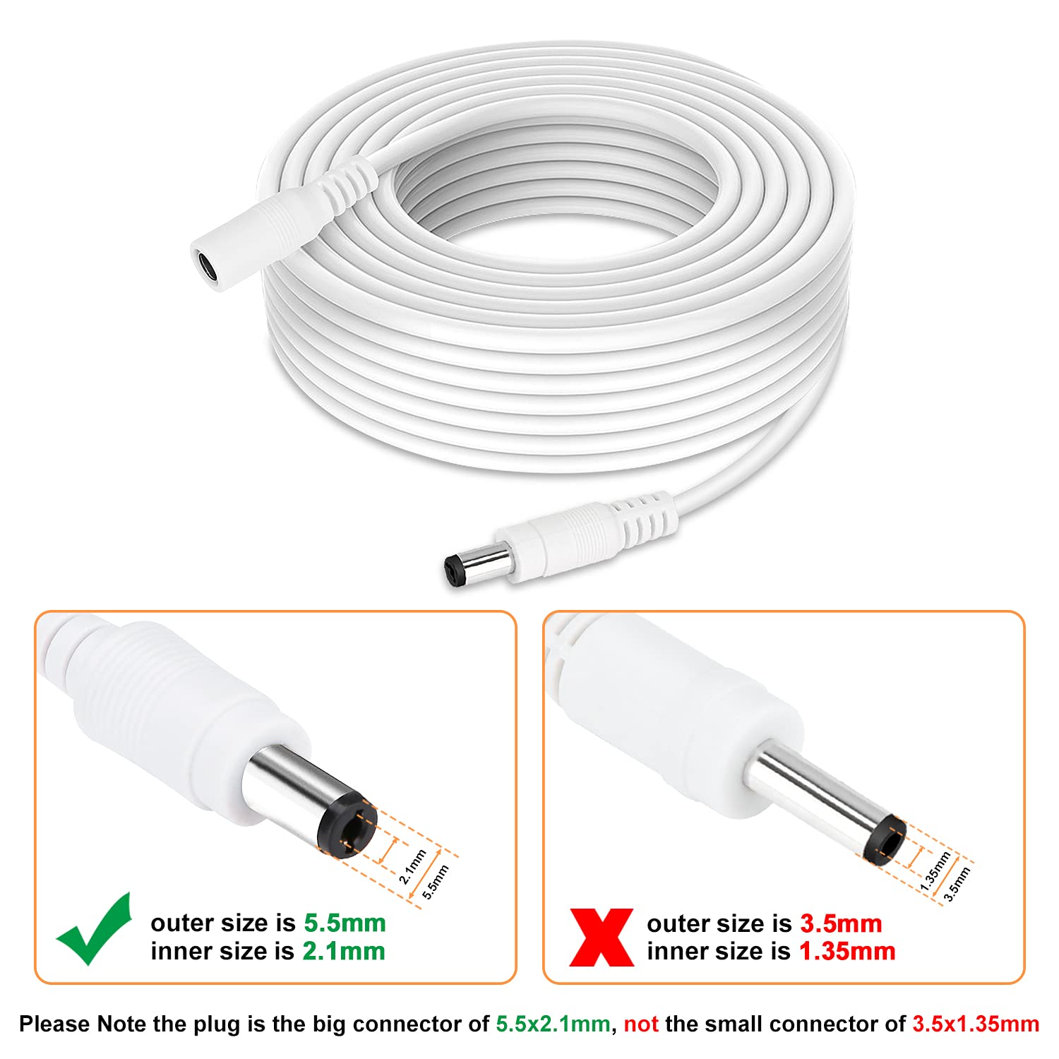 DC Power Extension Cable 33ft, 2.1mm x 5.5mm Plug Compatible with 12V DC Adapter Cord for CCTV Security Camera, IP Camera, Standalone DVR (33ft White)