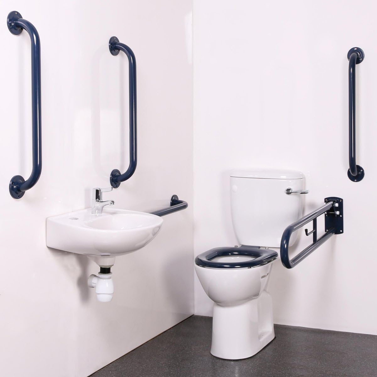 Bristan Doc M WC Pack | Blue Grab Rails | White Ceramic Toilet & Basin | Sequential Basin Tap
