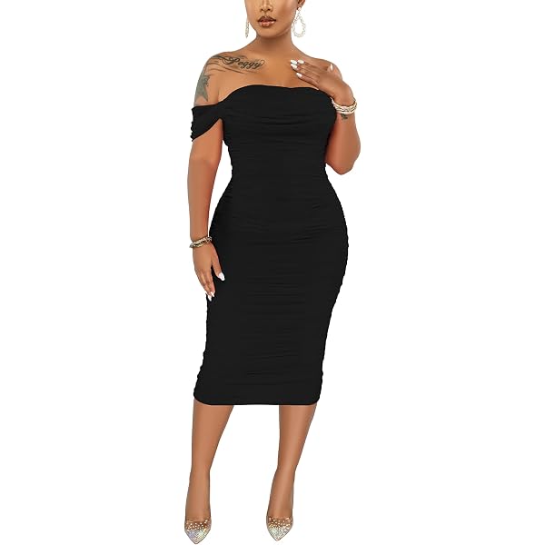 ready in a ruched off shoulder midi dress - black Vestido Midi Sin Tirantes Ready In A Ruched - Negro