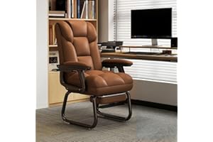 Ergonomic Computer Chair Without Wheels, Office Guest Chair with Wide Thick Seat Cushion, Leather Comfortable Desk Chair for 