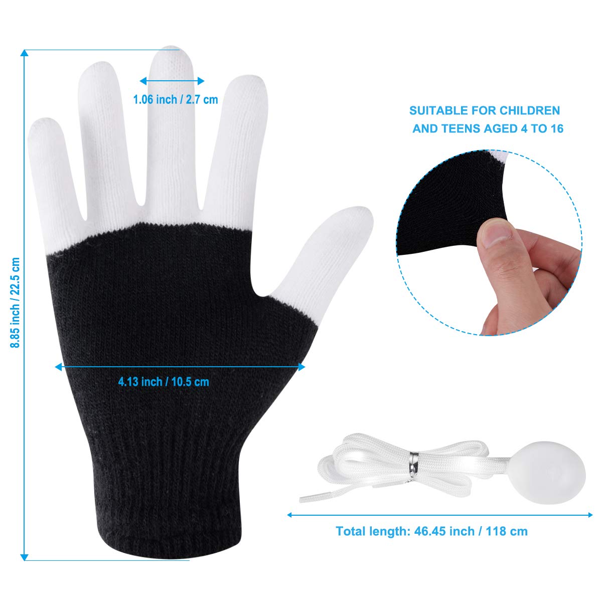 Aywewii LED Gloves for Kids Flashing Finger Light Up Gloves LED Shoelaces Set, LED Warm Gloves Kids Toys (Black)