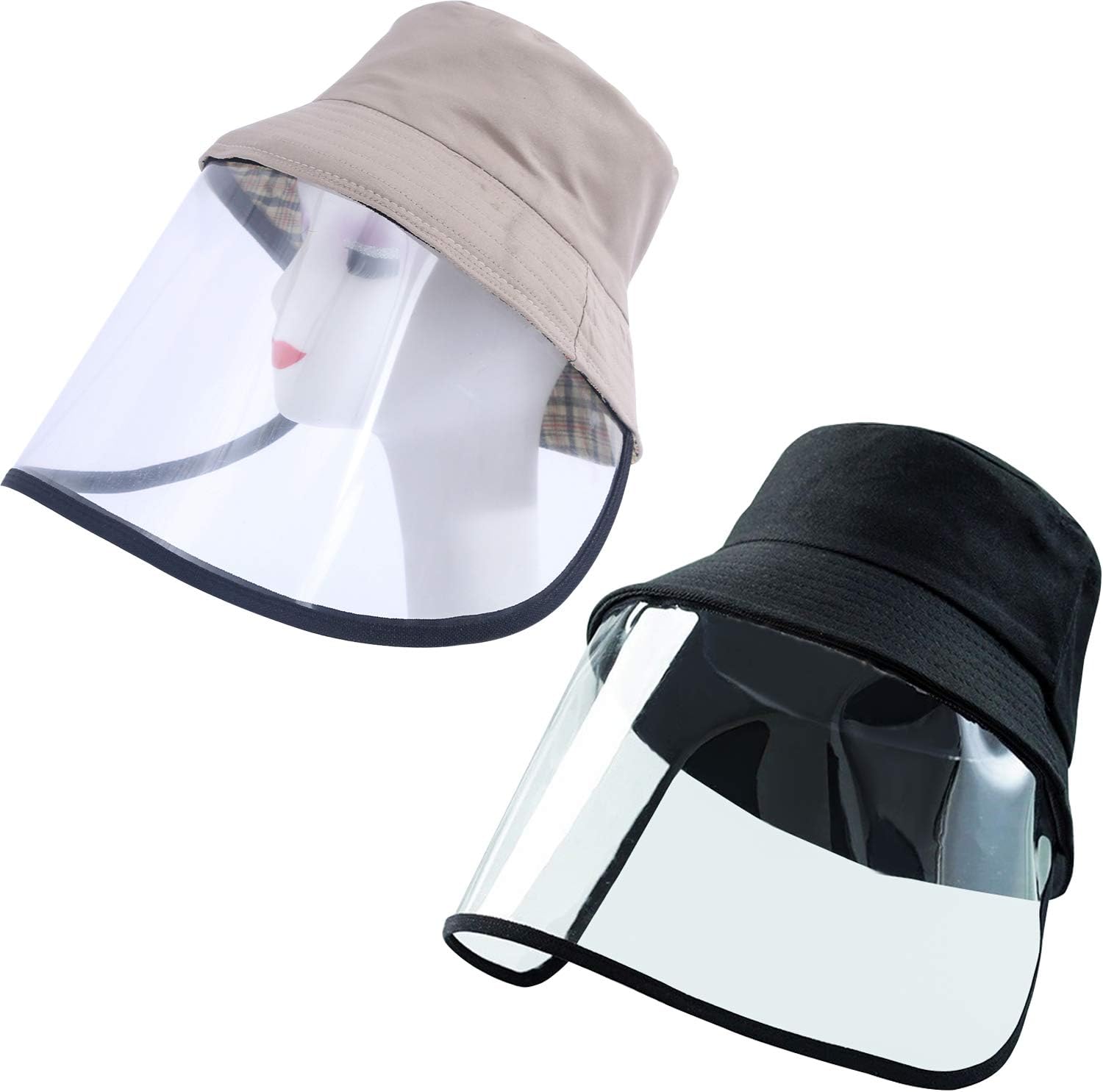 Trounistro 2 Pack Protective Hat Full-face Protective Cap Sun Visor Hat Fisherman Cap Anti-Fog, Anti-saliva, Anti-Spitting Hat for Men and Women (Black and Khaki)