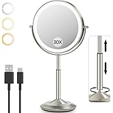 VFD 30X/1X Makeup Mirror with Lights, Height Adjustable Lighted Magnifying Vanity Mirror with 3 Lighting and Adjustable Brightness, 3000mAh Rechargeable Double Sided Switch for Desk Women Gift