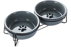 GDCZ Ceramics Raised Cat Bowls with Heighten Metal Stand,15 Ounces (Grey)