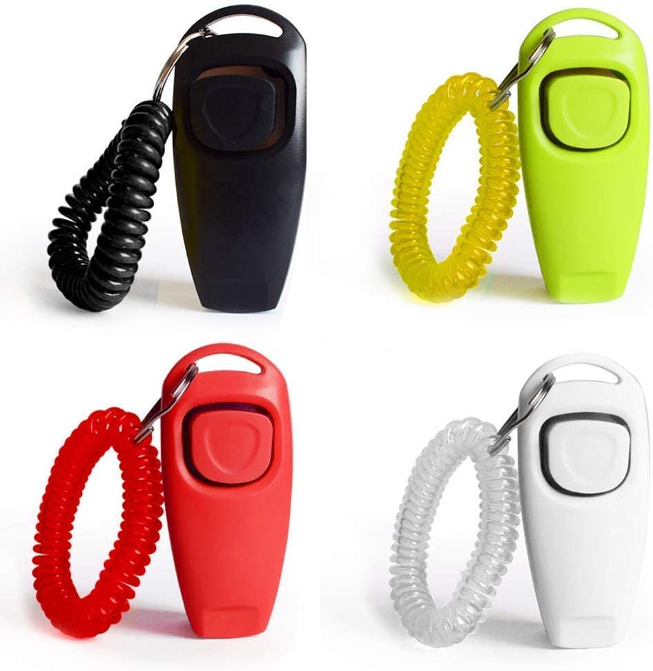SLSON 4 Pack Dog Training Clickers 2 in 1 Whistle and Clicker Pet Training Tools Set with Wrist Strap for Dogs Cats Birds Horses Reptiles and Small Animals