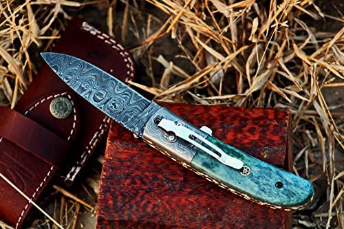 TNZ-31 Damascus knife 8.5″ Long 3.60″Blade ” 8.5oz Hunting Camping Damascus Pocket Folding knife With Pocket Clip TNZ Hand Made Damascus knives