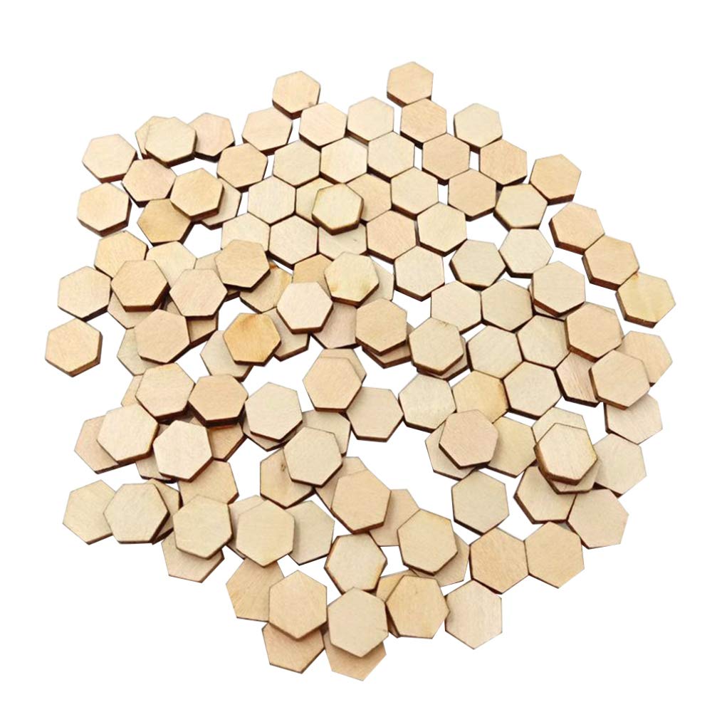SUPVOX 200Pc Beech Wooden Hexagonal Pieces Ornaments 0.39 Inch Wood Slices for Crafts DIY Wedding Birthday Christmas Decorations