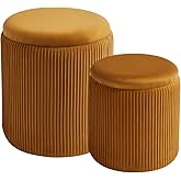 BLEXA Round Set of 2 Ottoman with Storage-Upholstered Velvet Vanity Stool for Makeup Multifunctional Ottomans Coffee Table Padded Seat Foot Rest for Living Room&Bedroom (Yellow)