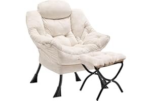 Congermom Lazy Chair with Folding Ottoman,Leisure Sofa Chair,Soft Fabric Armchair with Armrests and Side Pockets, Reading Chair with Footrest for Living Room, Bedroom, Office (Plush Beige)