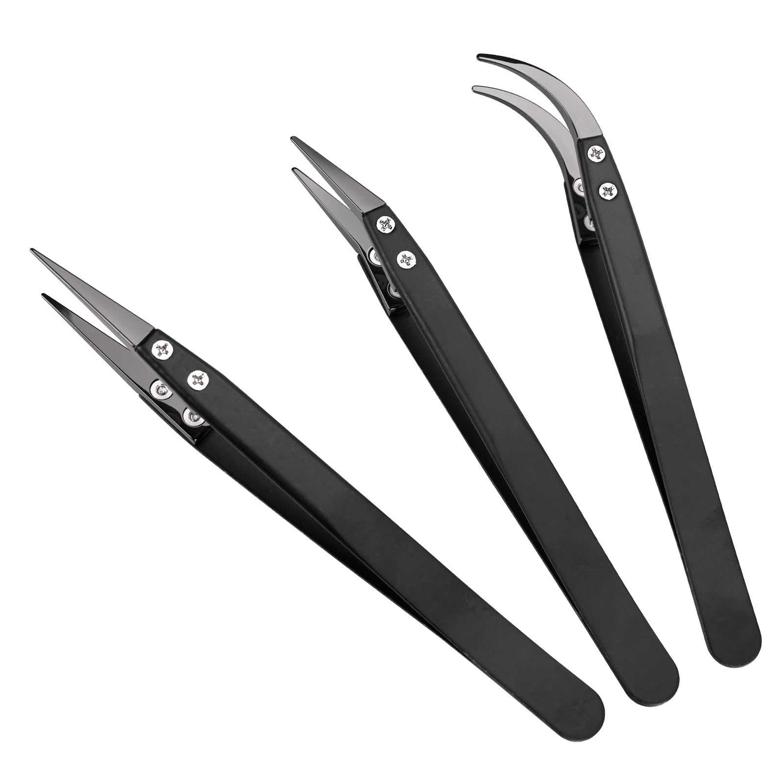 MMOBIEL Set of 3 Ceramic Tips Soldering Tweezers Straight Curved Heat Resistant 1600 C / 3000 F for Electronic Repairs, Jewellery, Computers, Laboratory Soldering etc. - Black