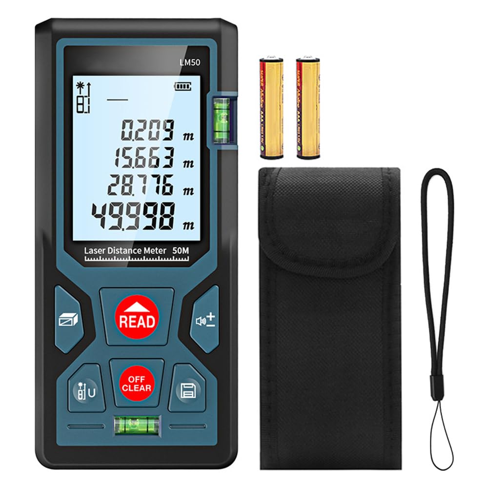 Tiardey Rangefinder,LM50 50M Digital Laser Distance Measurer With LCD Backlight M/In/Ft With Multiple Measuring Modes Such As Pythagoras/Distance/Area/Volume Measurements