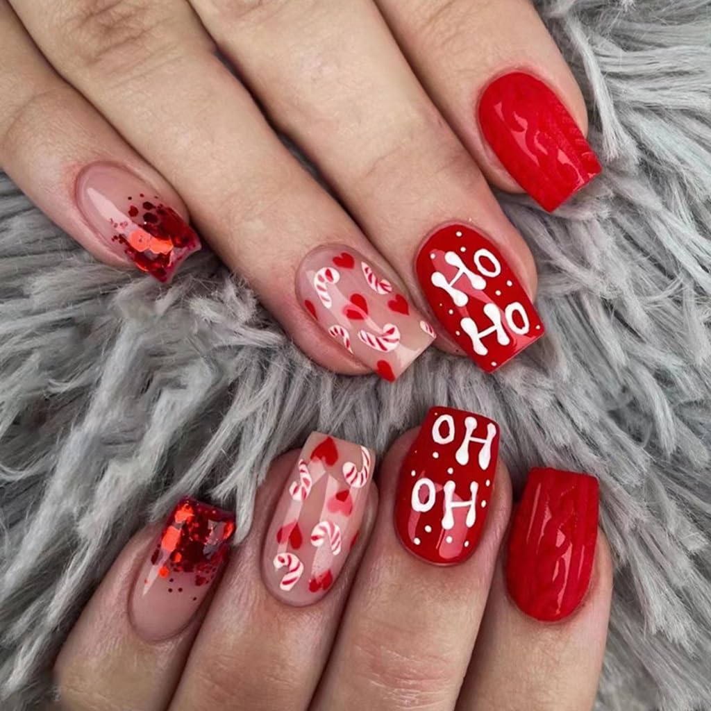 6 Packs (144 Pcs) Christmas Press on Nails - Square, Red, Short, Medium, Snowflake False Nails - Glue on, Fake, Stick on Nails for Women - 12 Sizes, 6 Styles - Image 3