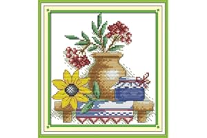 Funcrostitch Cross Stitch Kits Stamped Full Range of Embroidery Set,DIY Sewing Pattern Needlework Kits for Beginners 11CT 3 Strands-The Teapot with Flowers (2) 23cmX24cm