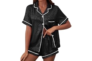 HBDHEJL Womens Silk Satin Pajamas Set Leopard Printed Two-piece Pj Sets Cheetah Sleepwear Loungewear Button-Down Pj Sets