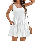 Sexyshine Women's Summer Casual Sleeveless Ruffle Mini Dress Flowy Tiered Pleated Beach Cover Up Sundress with Pockets