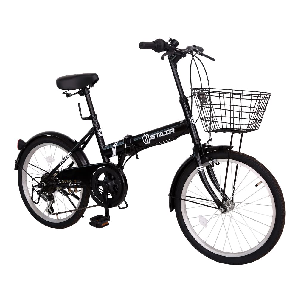 折りたたみ自転車 折り畳み自転車 20インチ シマノ６段変速 カゴ付 ワイヤ錠・ライトのプレゼント付き 前後泥除け装備 ハンドルの高さ調節できる 小径車 ミニベロ ブラック商品画像