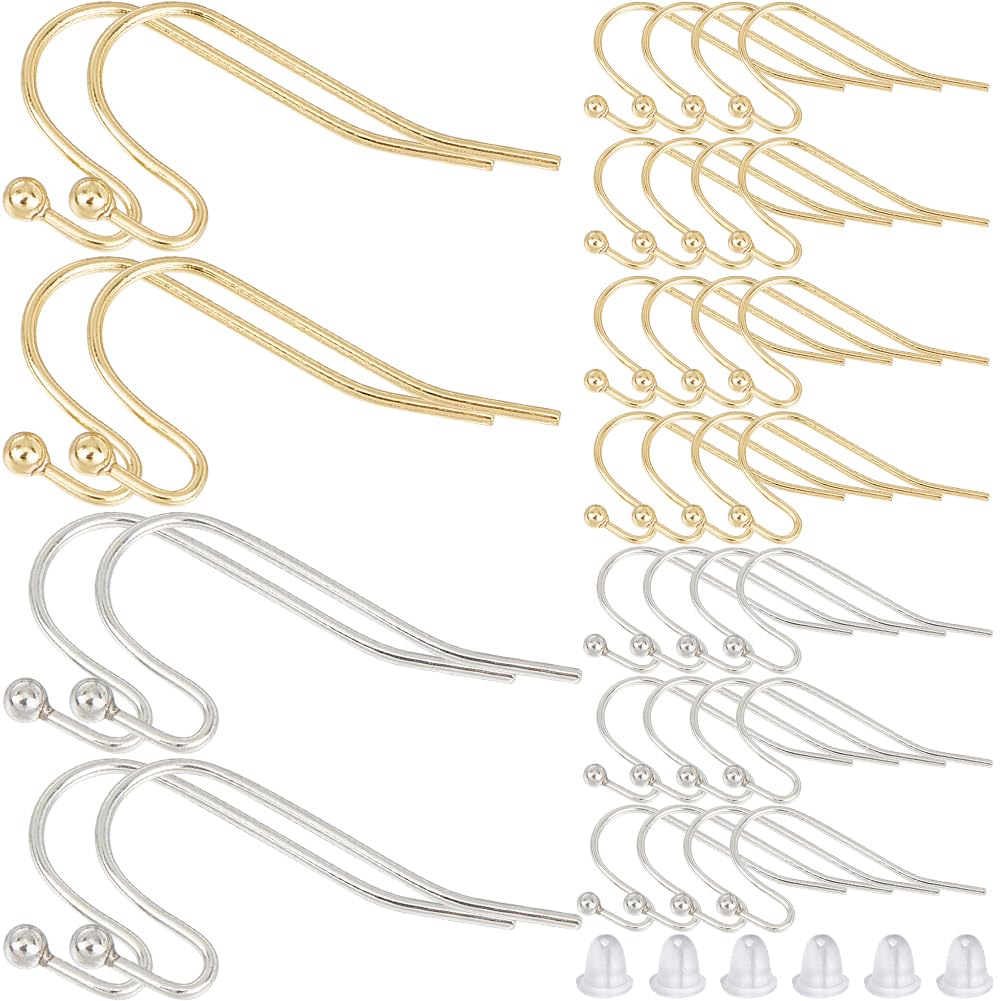 SOFPLATE 1 Box 300Pcs Silver Fish Hook Earring Findings Gold Earring Hooks Bulk Brass French Ear Wires with Plastic Earring Back Ball Dot Earring Wires for jewellery Making Supplies DIY Craft Beginner