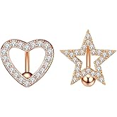 Niaspi 2 Pcs 14G Heart Star Reverse Belly Button Rings for Women Girls Surgical Steel Glitter CZ Halo Curved Navel Barbell Simple Body Piercing Jewelry
