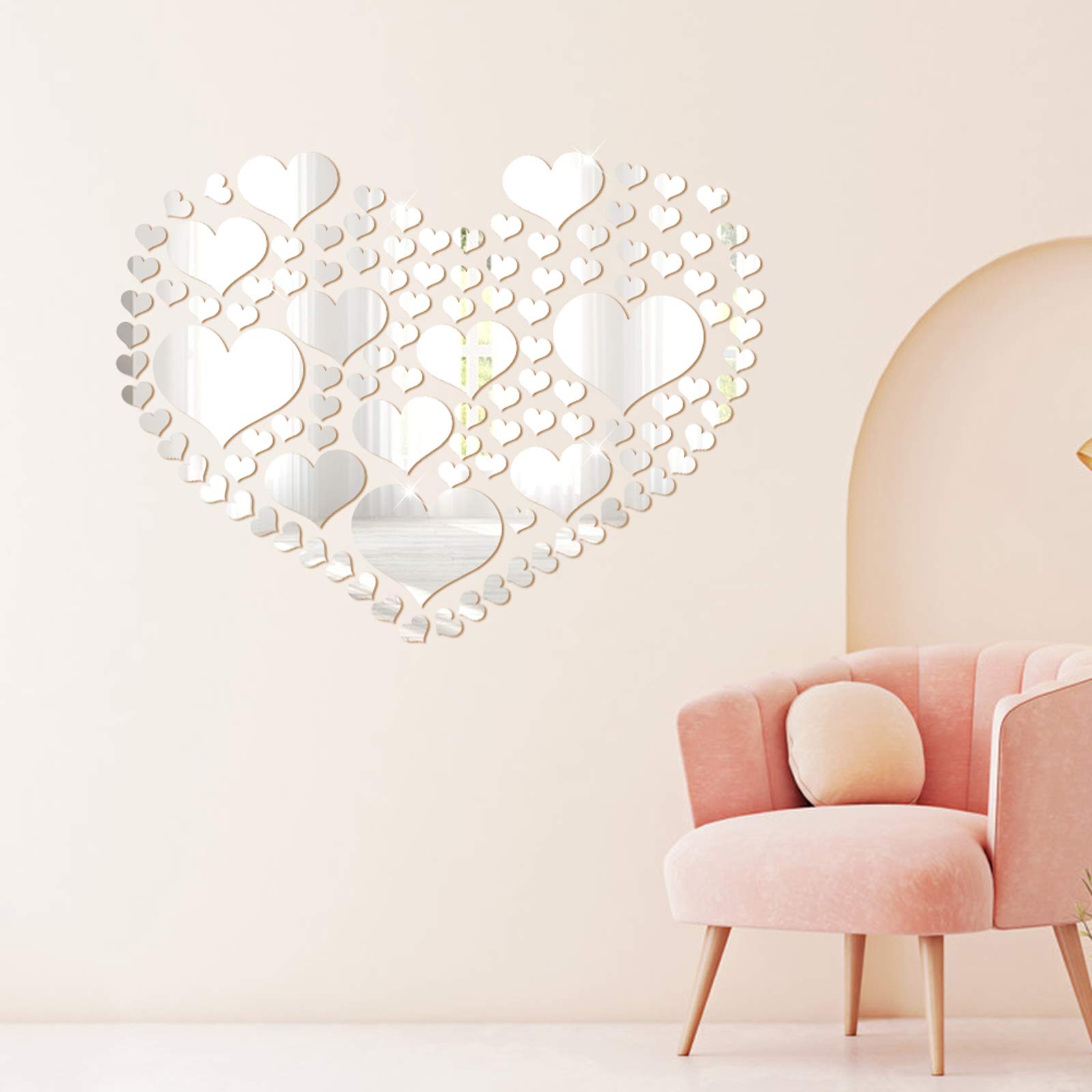 Heart Mirror Wall Stickers Wall Art Stickers Acrylic Silver Wall Stickers for Living Room Bedroom Home Decoration 110pcs