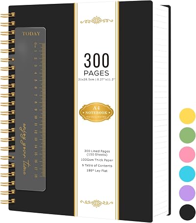 NIRMIRO A4 Spiral Notebook 300 Pages 100GSM Lined Paper Black PVC Cover