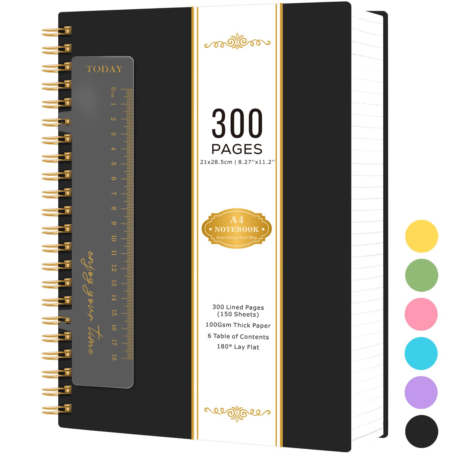 NIRMIRO Spiral Notebook A4, 300 Pages Wirebound Notepad Hardback, Black PVC Cover Note Book for Writing, 100GSM A4 Lined Paper, No Bleed, 21 x 28.5cm