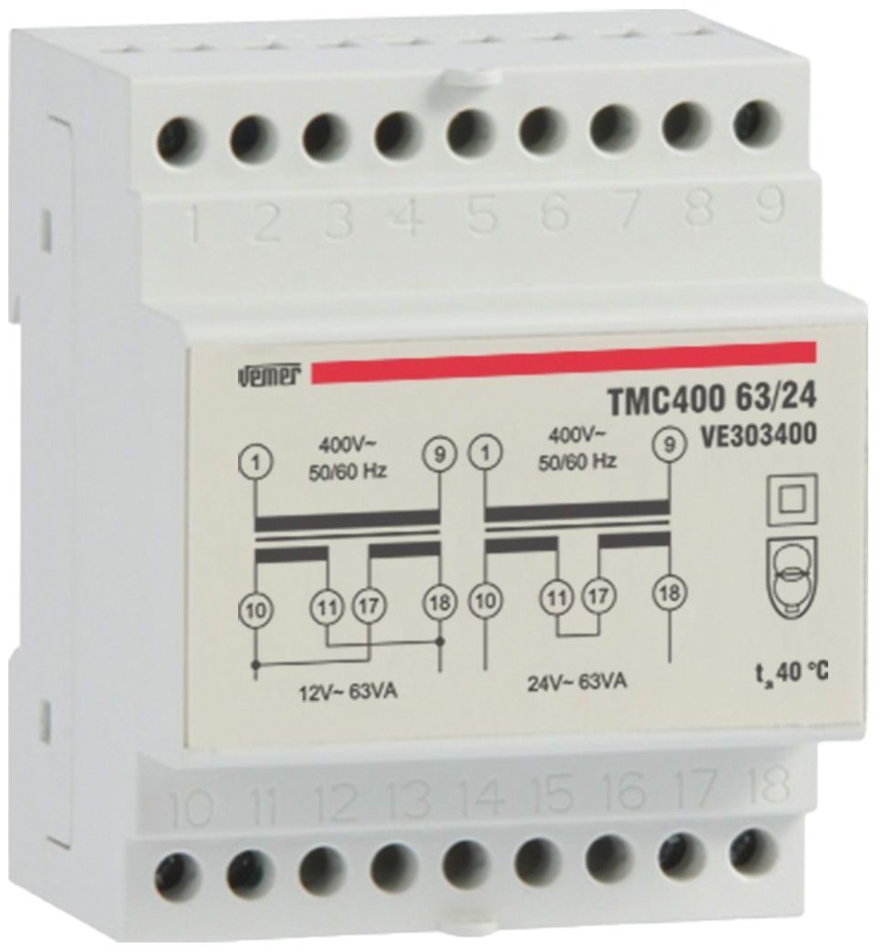VEMER VE303400 model TMC 400 63/24 DIN-rail mounting safety transformer for continuous service 400V/12-24V 63A. Color Grey — image 1