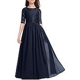 HOSIKA Flower Girls Dress Elegant Vintage Lace Chiffon A-Line Formal Birthday Wedding Party Floor Length Dress 6-13 Years