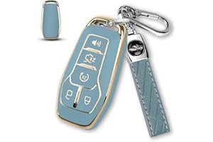 MILD EAST Key Fob Cover for Ford with Key Chain, Soft TPU Car Key Case Shell for Ford Mustang Fusion Explorer Edge Lincoln MKC MKX MKZ, Full Protector Holder for 5 Button Keyless Entry Remote, Blue