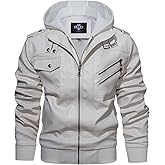 HOOD CREW Men’s Casual Stand Collar PU Faux Leather Zip-Up Motorcycle Bomber Jacket With a Removable Hood