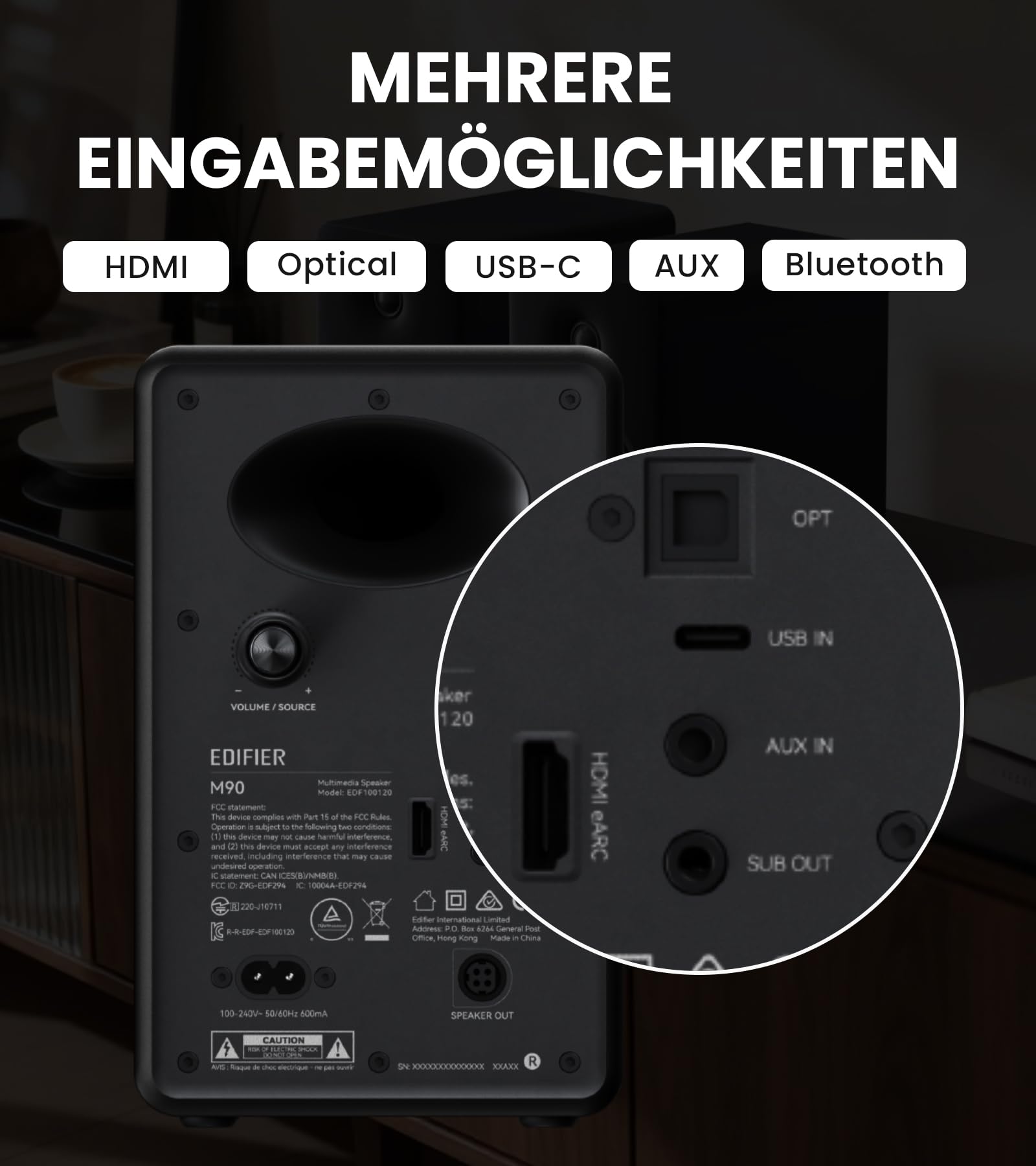 Edifier M90 Regal-Lautsprecher, 100 W RMS Desktop-Lautsprecher, Hi-Res-Audio, LDAC, Bluetooth 6.0, kompakter Lautsprecher, HDMI eARC/optischer/USB-C/AUX-Eingang, SUB Out, Aktivlautsprecher – Schwarz 6