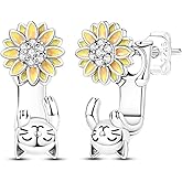 LAZA 925 Sterling Silver Stud Earrings for Women, Moon and Star Dangle Hoop Earrings Cubic Zirconia Earrings Cat and Sunflower Silver Hoops Jewelry Gifts