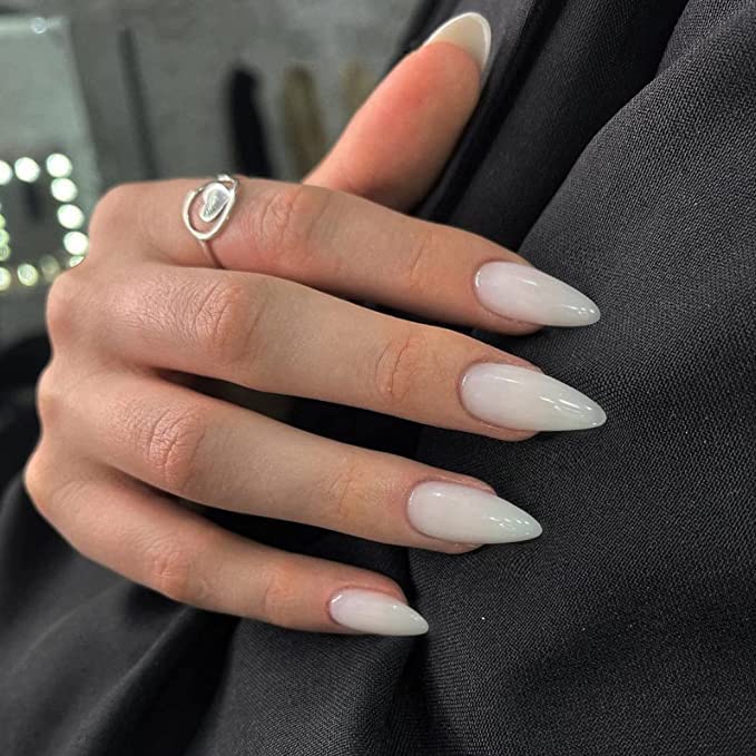 JUSTOTRY 24 Pcs Gradient White Almond Short False Nails,Solid Press on Nails Pattern,Glossy Milky Fake Nail Short,French Oval Medium Stick on Nails for Women and Teens Nail Art — image 1