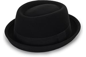 HINYBOEH Mens Flat Top Porkpie Hat Bowler Hats - Black Wool Hat with Band(S-M)