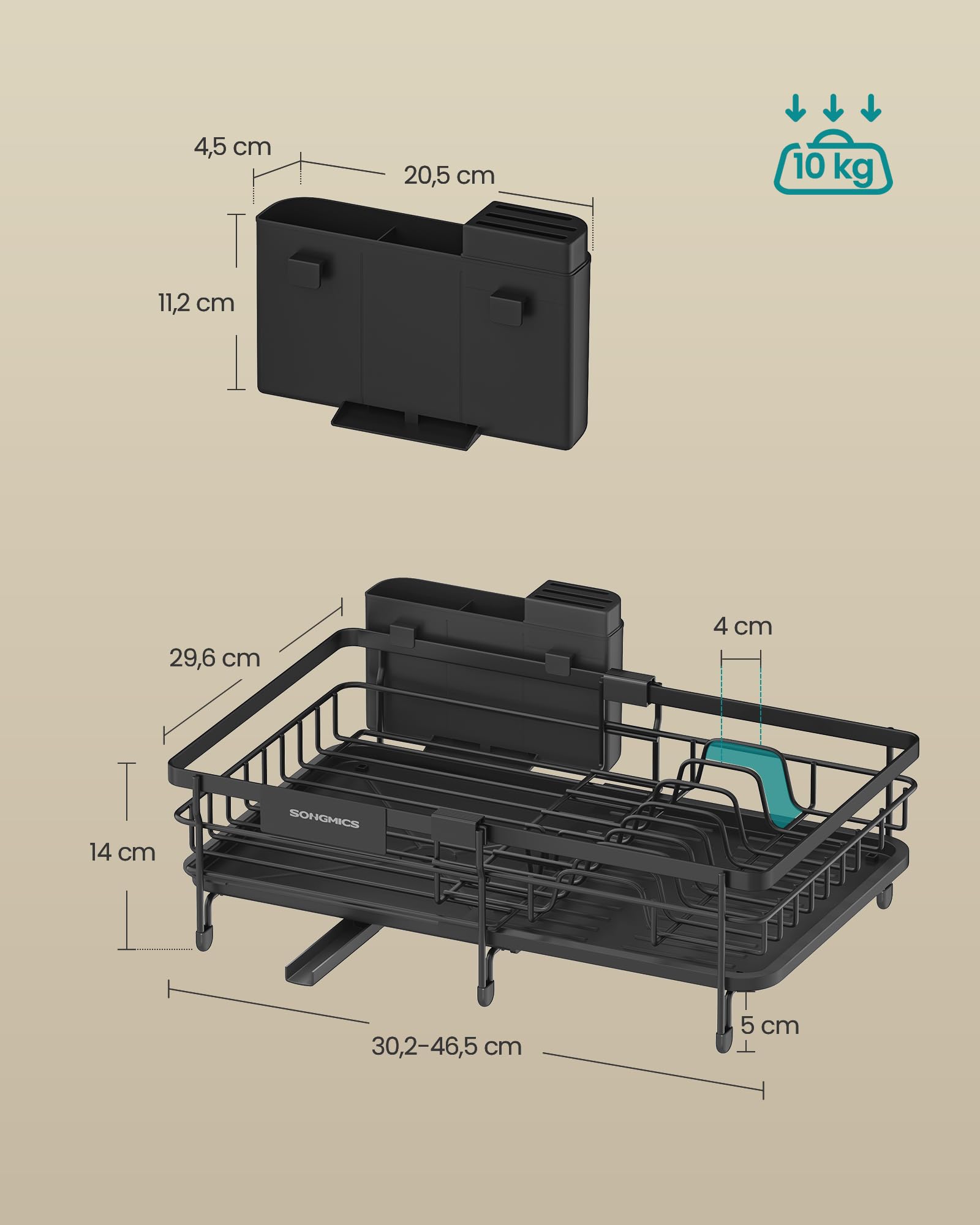 SONGMICS Abtropfgestell Geschirr, für kleine Räume, Geschirr-Abtropfständer ausziehbar, 360° drehbarer und ausziehbarer Ablauf, Stahl, (30,2-46,5) x 29,6 x 14 cm, tintenschwarz KCS556BH01 6