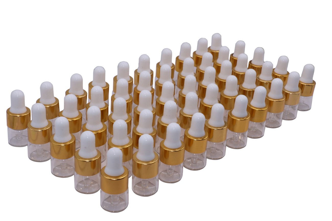 Wresty 50 Pcs Clear Glass Dropper Vails 1ml Mini Essential Oils Sample Dropper Bottles For Traveling Essential Oils Perfume Cosmetic Liquid,With 2 pcs dropper